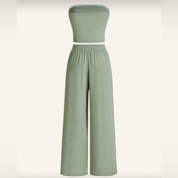 Sage Green Wide Leg Pants & Strapless Ruched Top - Picture 5 of 14